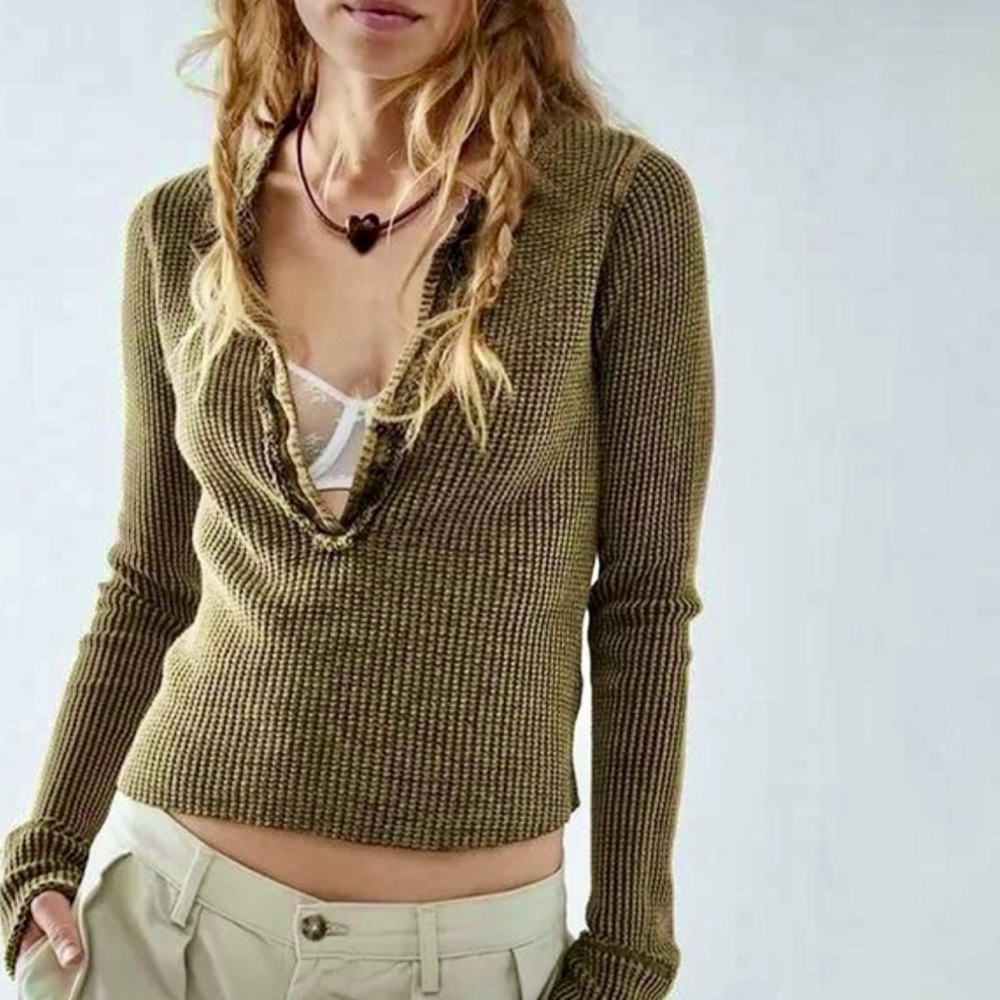 Free People One Colt Thermal Waffle Henley Long Sleeve Plunge Neck Sz S